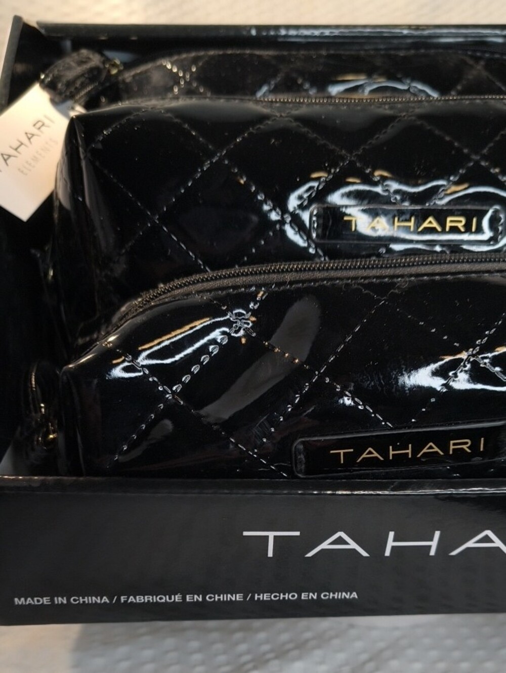 Tahari Black Quilted Patent Toiletry Pouch 3 Piece Set - Picture 4 of 6